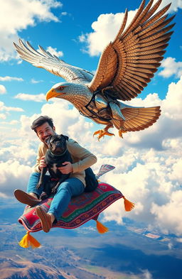A man with a cheerful expression riding on a colorful flying carpet, accompanied by a playful black pug sitting beside him