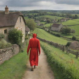 Depict the devil entering a tranquil village, his imposing figure contrasting with quaint houses, green fields and peaceful inhabitants. His arrival stirs curiosity and fear among the villagers, unsettling the previously serene environment.