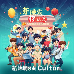 A vibrant and modern poster that promotes contemporary Chinese culture, showcasing a dynamic school scene with students engaged in various activities reflecting their talents and enthusiasm