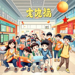 A vibrant and modern poster that promotes contemporary Chinese culture, showcasing a dynamic school scene with students engaged in various activities reflecting their talents and enthusiasm