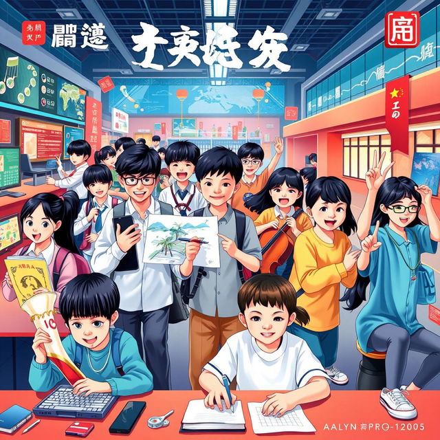 A vibrant and modern poster that promotes contemporary Chinese culture, showcasing a dynamic school scene with students engaged in various activities reflecting their talents and enthusiasm