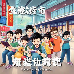 A vibrant and modern poster that promotes contemporary Chinese culture, showcasing a dynamic school scene with students engaged in various activities reflecting their talents and enthusiasm