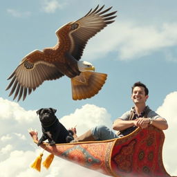 A man with a joyful expression riding on a vibrant and ornate flying carpet, accompanied by a playful black pug sitting beside him