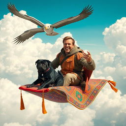 A man with a joyful expression riding on a vibrant and ornate flying carpet, accompanied by a playful black pug sitting beside him