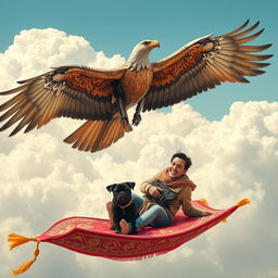 A man with a joyful expression riding on a vibrant and ornate flying carpet, accompanied by a playful black pug sitting beside him