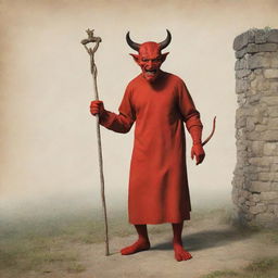 Illustrate the devil, using his tricky charm to tempt the innocent villagers. Draw him in a persuasive stance, with villagers standing a safe distance away, portraying a range of emotions - curiosity, attraction, and confusion.