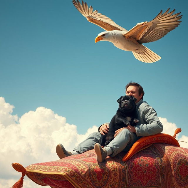 A man with a joyful expression riding on a vibrant and ornate flying carpet, accompanied by a playful black pug sitting beside him