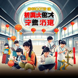 A visually stunning poster showcasing the promotion of modern Chinese culture, featuring a diverse group of talented students engaged in various activities that highlight advanced technology and modernization in education