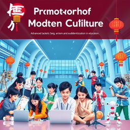 A visually stunning poster showcasing the promotion of modern Chinese culture, featuring a diverse group of talented students engaged in various activities that highlight advanced technology and modernization in education