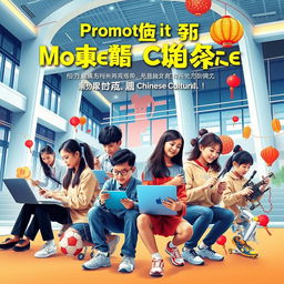 A visually stunning poster showcasing the promotion of modern Chinese culture, featuring a diverse group of talented students engaged in various activities that highlight advanced technology and modernization in education