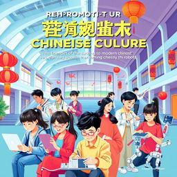A visually stunning poster showcasing the promotion of modern Chinese culture, featuring a diverse group of talented students engaged in various activities that highlight advanced technology and modernization in education