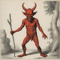 Illustrate the devil, using his tricky charm to tempt the innocent villagers. Draw him in a persuasive stance, with villagers standing a safe distance away, portraying a range of emotions - curiosity, attraction, and confusion.