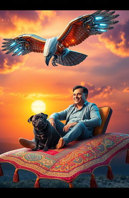 A whimsical scene featuring a man sitting comfortably on a vibrant, magical flying carpet