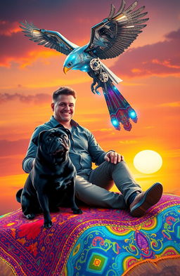A whimsical scene featuring a man sitting comfortably on a vibrant, magical flying carpet