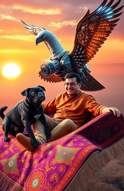 A whimsical scene featuring a man sitting comfortably on a vibrant, magical flying carpet