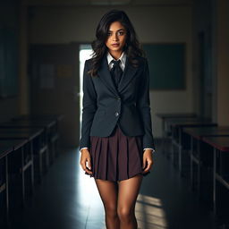 A captivating scene of an Indian college student dressed in a school uniform, complete with a fitted blazer and a pleated skirt