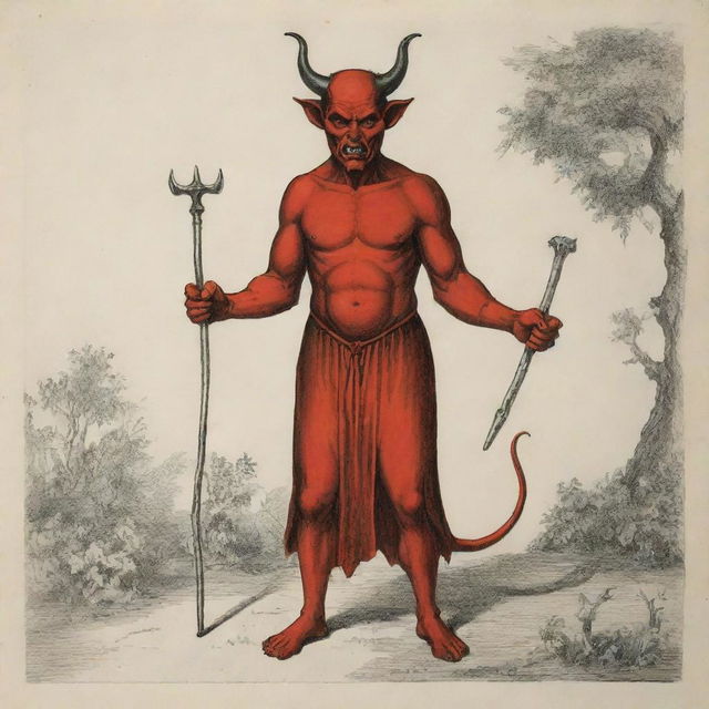 Illustrate the devil, using his tricky charm to tempt the innocent villagers. Draw him in a persuasive stance, with villagers standing a safe distance away, portraying a range of emotions - curiosity, attraction, and confusion.