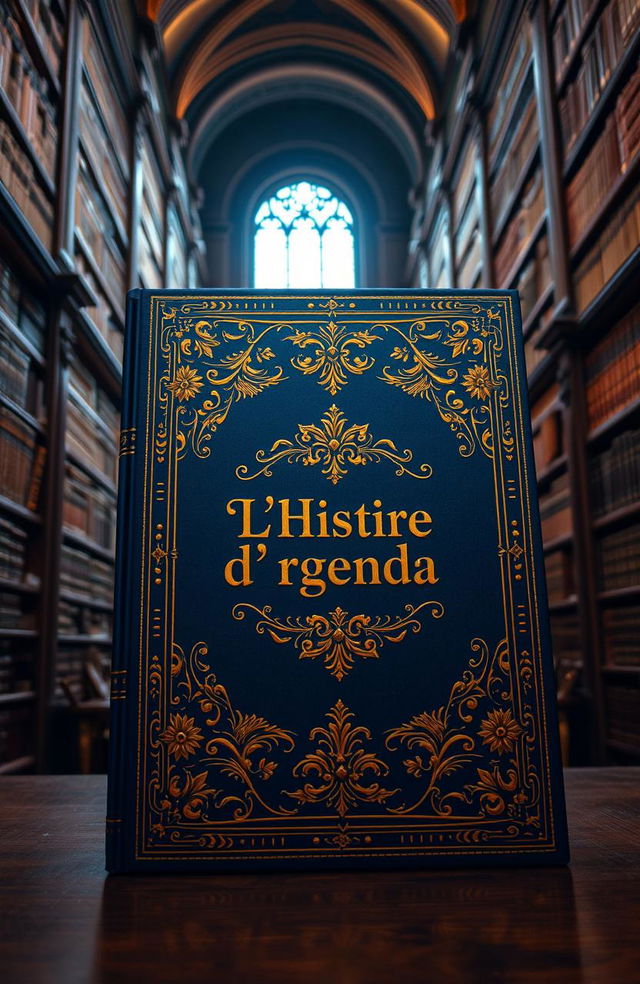 A grand, royal-looking book with ornate gold detailing on the cover, featuring the title 'L'Histoire d'Argenda' elegantly embossed in the center