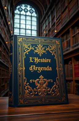 A grand, royal-looking book with ornate gold detailing on the cover, featuring the title 'L'Histoire d'Argenda' elegantly embossed in the center