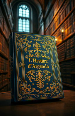 A grand, royal-looking book with ornate gold detailing on the cover, featuring the title 'L'Histoire d'Argenda' elegantly embossed in the center