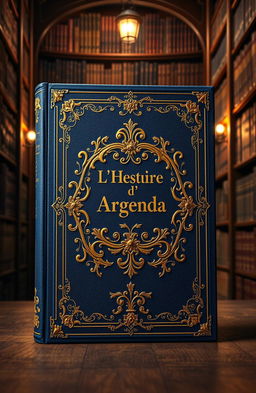 A grand, royal-looking book with ornate gold detailing on the cover, featuring the title 'L'Histoire d'Argenda' elegantly embossed in the center