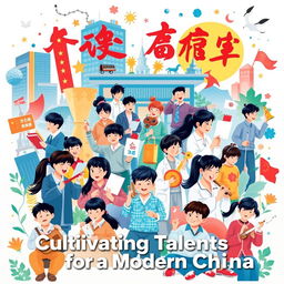 A vibrant and inspirational poster showcasing modern Chinese culture, featuring a diverse group of students engaged in various artistic and academic activities