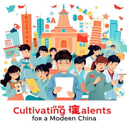 A vibrant and inspirational poster showcasing modern Chinese culture, featuring a diverse group of students engaged in various artistic and academic activities