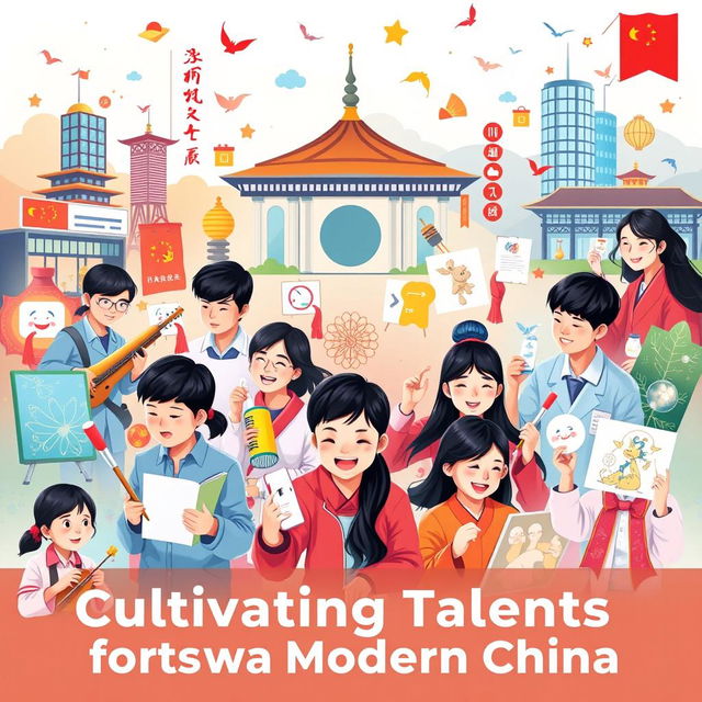 A vibrant and inspirational poster showcasing modern Chinese culture, featuring a diverse group of students engaged in various artistic and academic activities