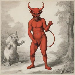 Illustrate the devil, using his tricky charm to tempt the innocent villagers. Draw him in a persuasive stance, with villagers standing a safe distance away, portraying a range of emotions - curiosity, attraction, and confusion.