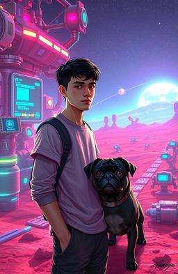 A futuristic scene depicting a man with short dark hair and a casual outfit, standing on a robotic planet filled with metallic structures and colorful neon lights