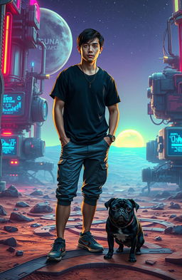 A futuristic scene depicting a man with short dark hair and a casual outfit, standing on a robotic planet filled with metallic structures and colorful neon lights