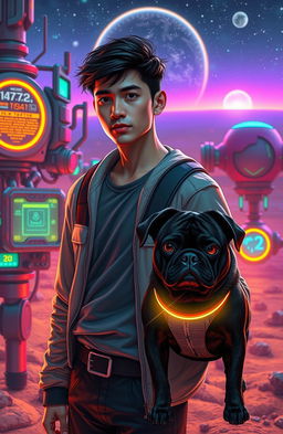 A futuristic scene depicting a man with short dark hair and a casual outfit, standing on a robotic planet filled with metallic structures and colorful neon lights