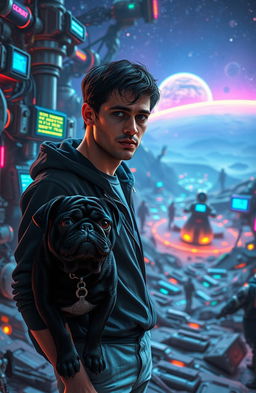 A futuristic scene depicting a man with short dark hair and a casual outfit, standing on a robotic planet filled with metallic structures and colorful neon lights