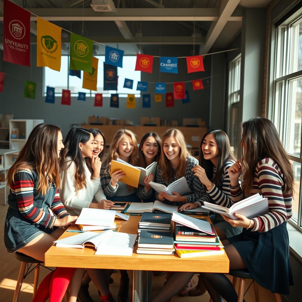 A dramatic scene in a university setting, capturing a group of young adults engaged in a lively and playful study session