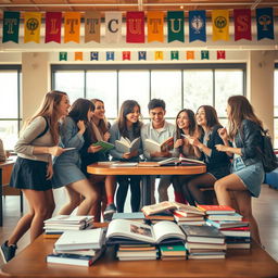 A dramatic scene in a university setting, capturing a group of young adults engaged in a lively and playful study session