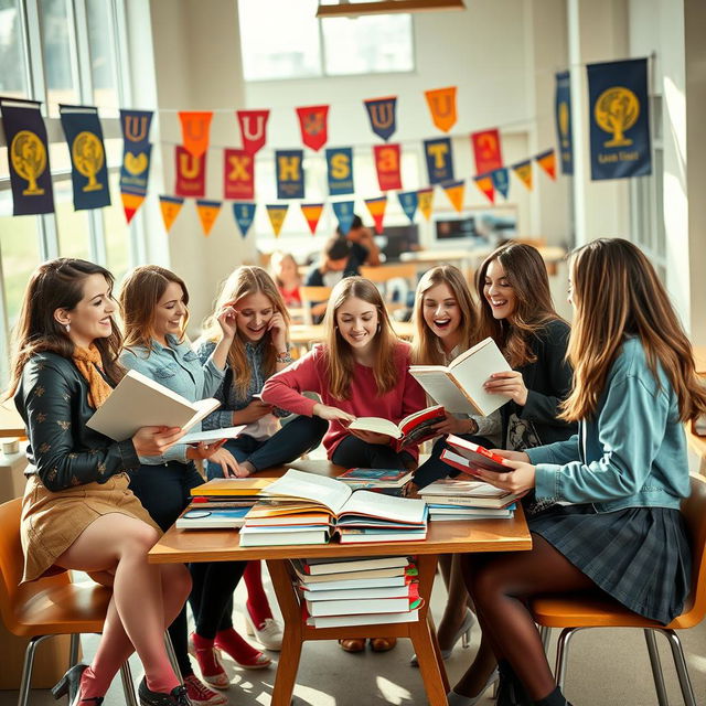 A dramatic scene in a university setting, capturing a group of young adults engaged in a lively and playful study session