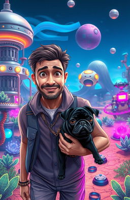 A man with a curious expression and casual clothing, accompanied by a small black pug with an adorable face, exploring a vibrant robotic planet