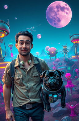 A man with a curious expression and casual clothing, accompanied by a small black pug with an adorable face, exploring a vibrant robotic planet