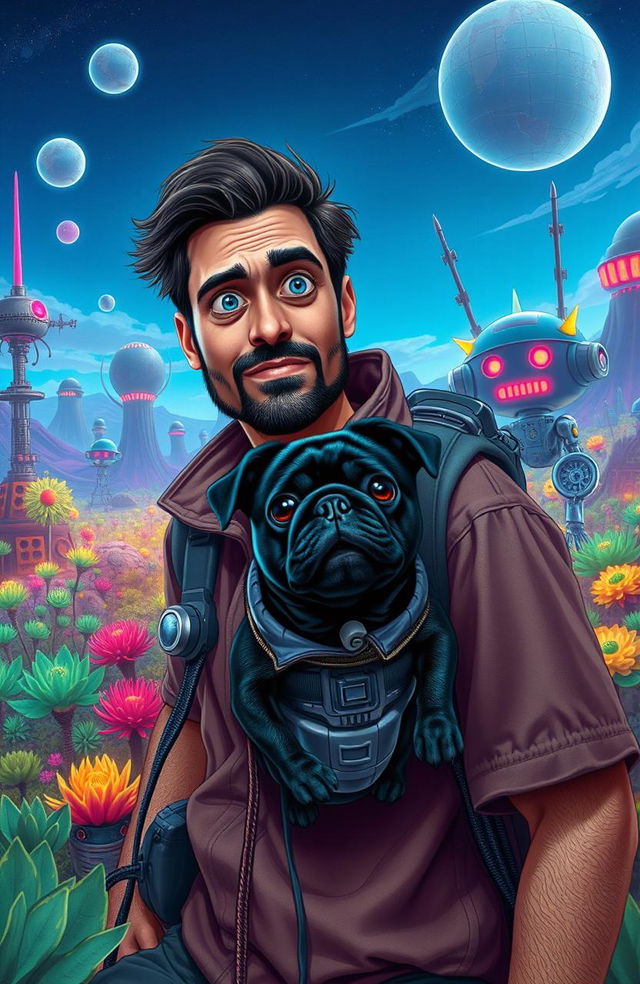 A man with a curious expression and casual clothing, accompanied by a small black pug with an adorable face, exploring a vibrant robotic planet