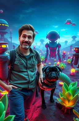 A man with a curious expression and casual clothing, accompanied by a small black pug with an adorable face, exploring a vibrant robotic planet