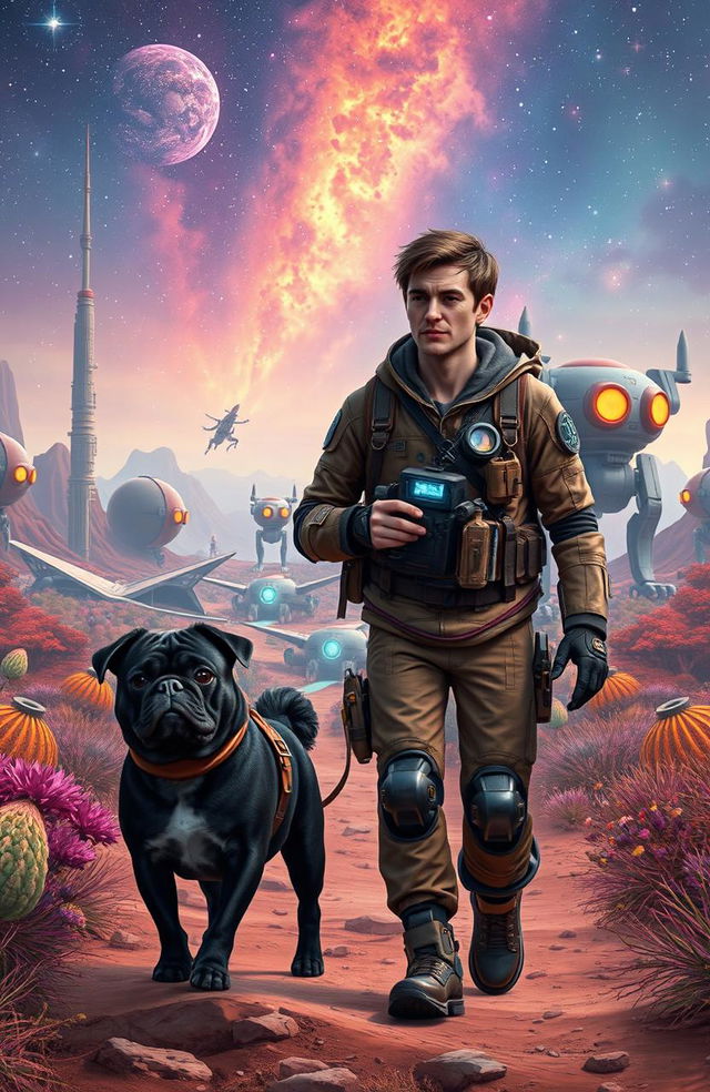 A man with short brown hair wearing a futuristic explorer outfit, holding a high-tech gadget, walking alongside a black pug with a shiny coat