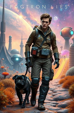 A man with short brown hair wearing a futuristic explorer outfit, holding a high-tech gadget, walking alongside a black pug with a shiny coat