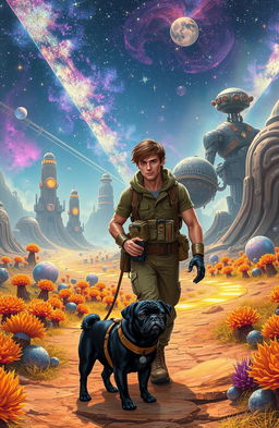 A man with short brown hair wearing a futuristic explorer outfit, holding a high-tech gadget, walking alongside a black pug with a shiny coat