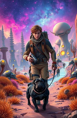 A man with short brown hair wearing a futuristic explorer outfit, holding a high-tech gadget, walking alongside a black pug with a shiny coat