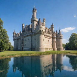 A majestic castle immersed in a surreal landscape with high towers, massive outer walls, and ornate and intricate details, surrounded by a serene moat under the clear blue sky.