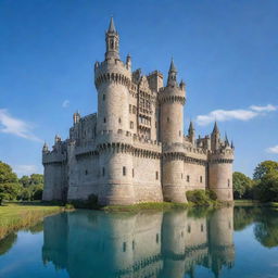 A majestic castle immersed in a surreal landscape with high towers, massive outer walls, and ornate and intricate details, surrounded by a serene moat under the clear blue sky.