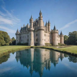 A majestic castle immersed in a surreal landscape with high towers, massive outer walls, and ornate and intricate details, surrounded by a serene moat under the clear blue sky.