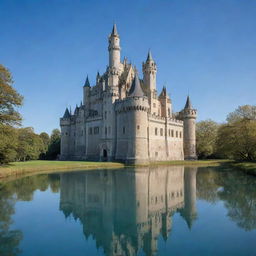 A majestic castle immersed in a surreal landscape with high towers, massive outer walls, and ornate and intricate details, surrounded by a serene moat under the clear blue sky.