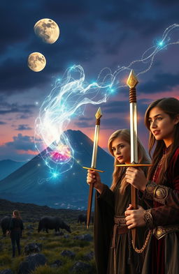 A breathtaking fantasy scene set in a medieval world featuring young adults amidst a dramatic landscape