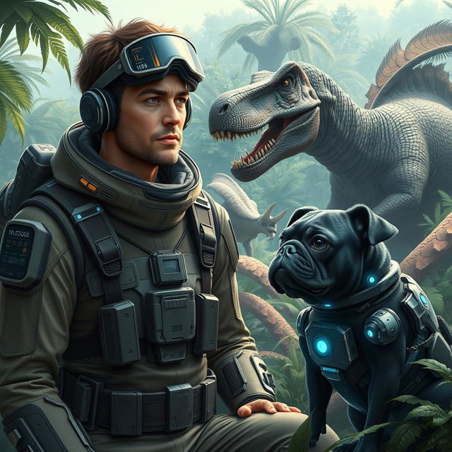 A futuristic scene depicting a man, dressed in a sleek, high-tech explorer's suit, alongside a black pug with robotic enhancements, both curiously observing life-like dinosaurs in their natural habitat